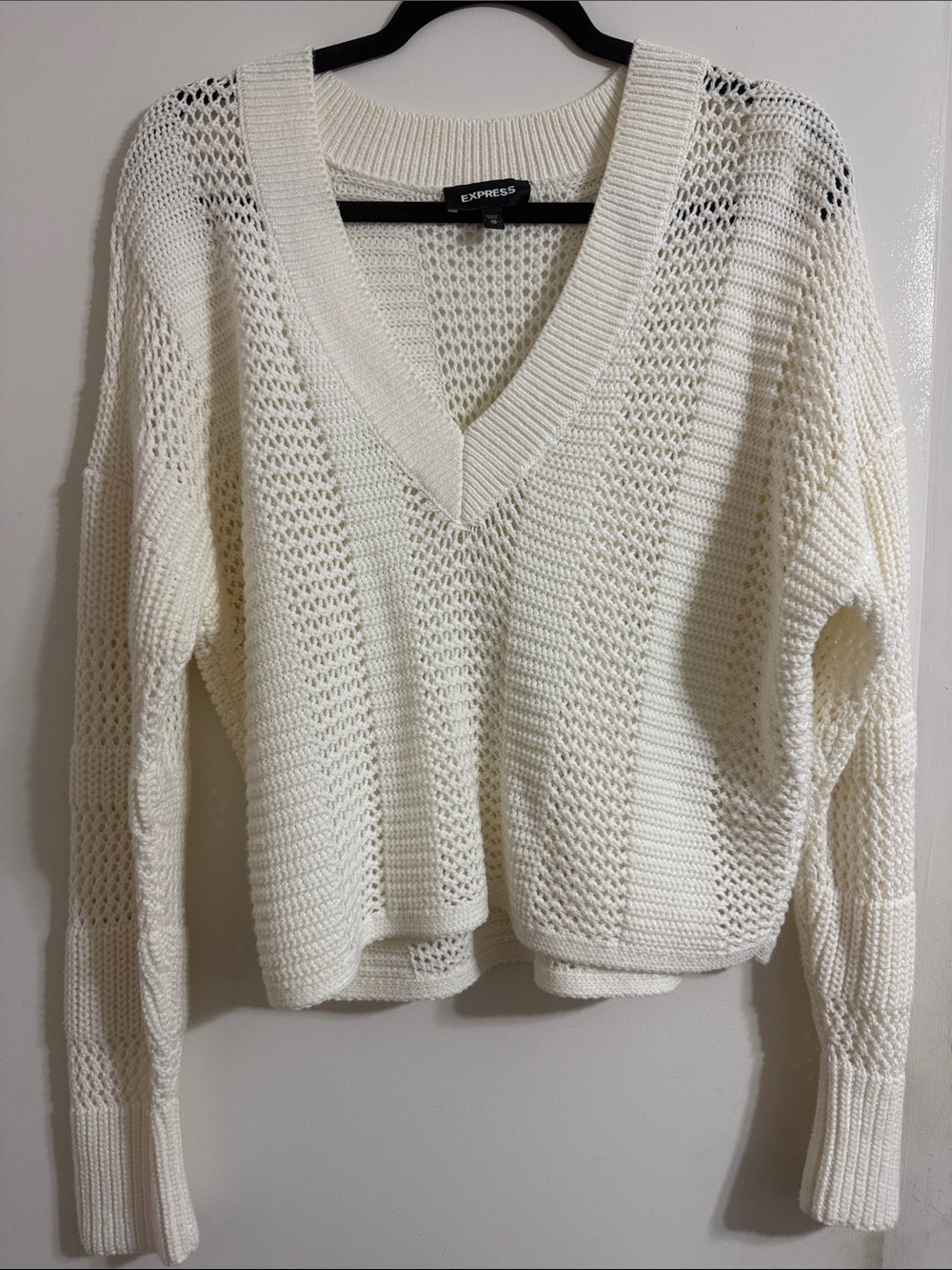 Express Cream Open-Knit V-Neck Sweater